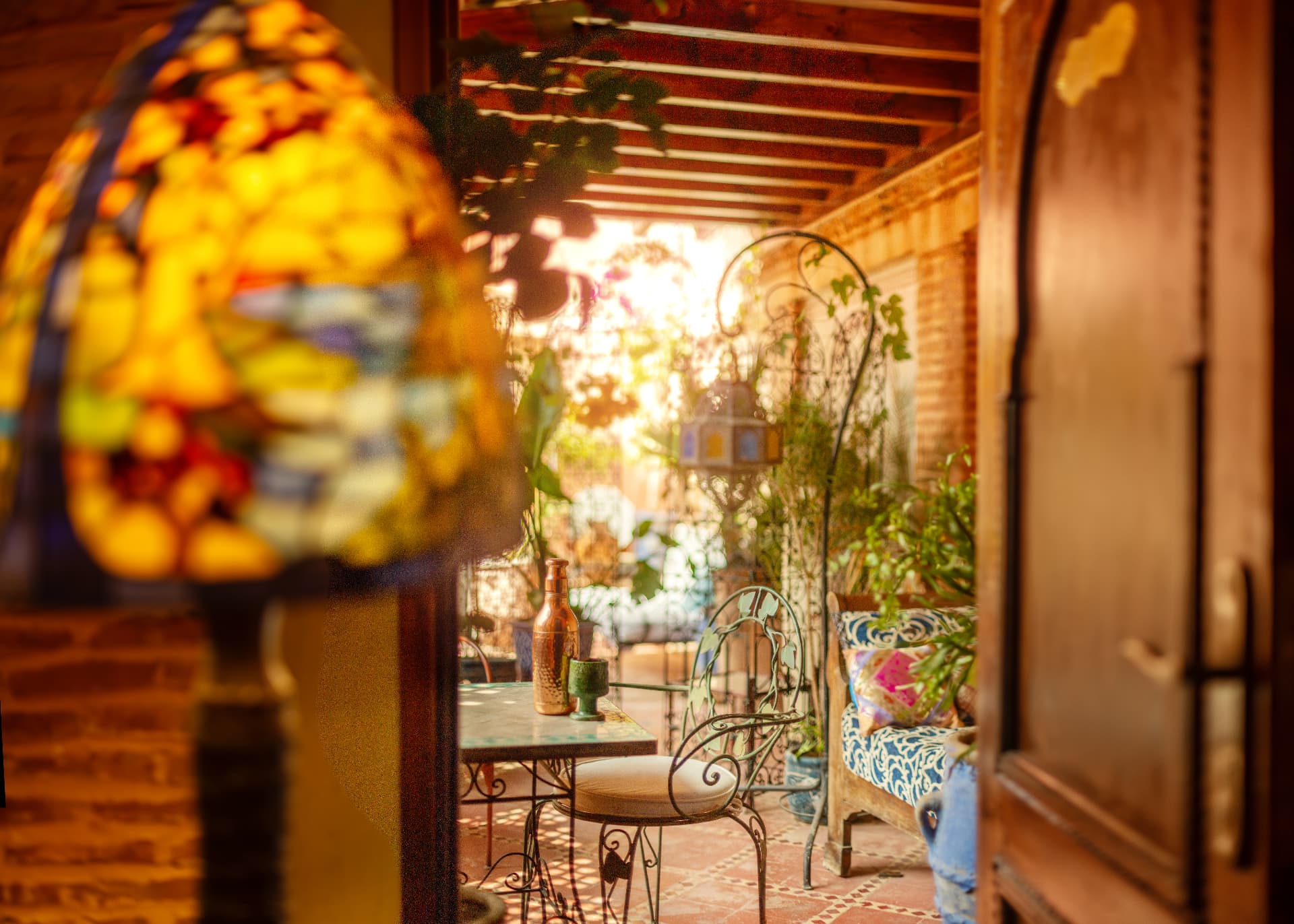 A Moroccan lantern overlooking the riad terrace